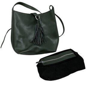 S-Zone Leather Hobo Style Purse Tassel Insert Olive Green